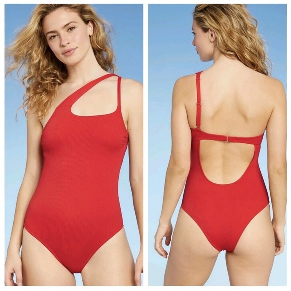 Shade and Shore One Piece Swimsuit One Shoulder Asymmetrical Red Size Small New - Picture 2 of 8